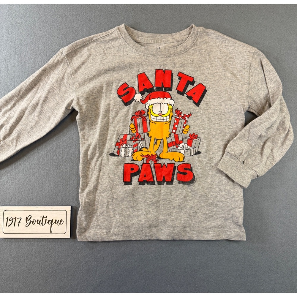 Baby Gap Size 5 Garfield Santa Paws Christmas Long Sleeve Tee Gray Toddler